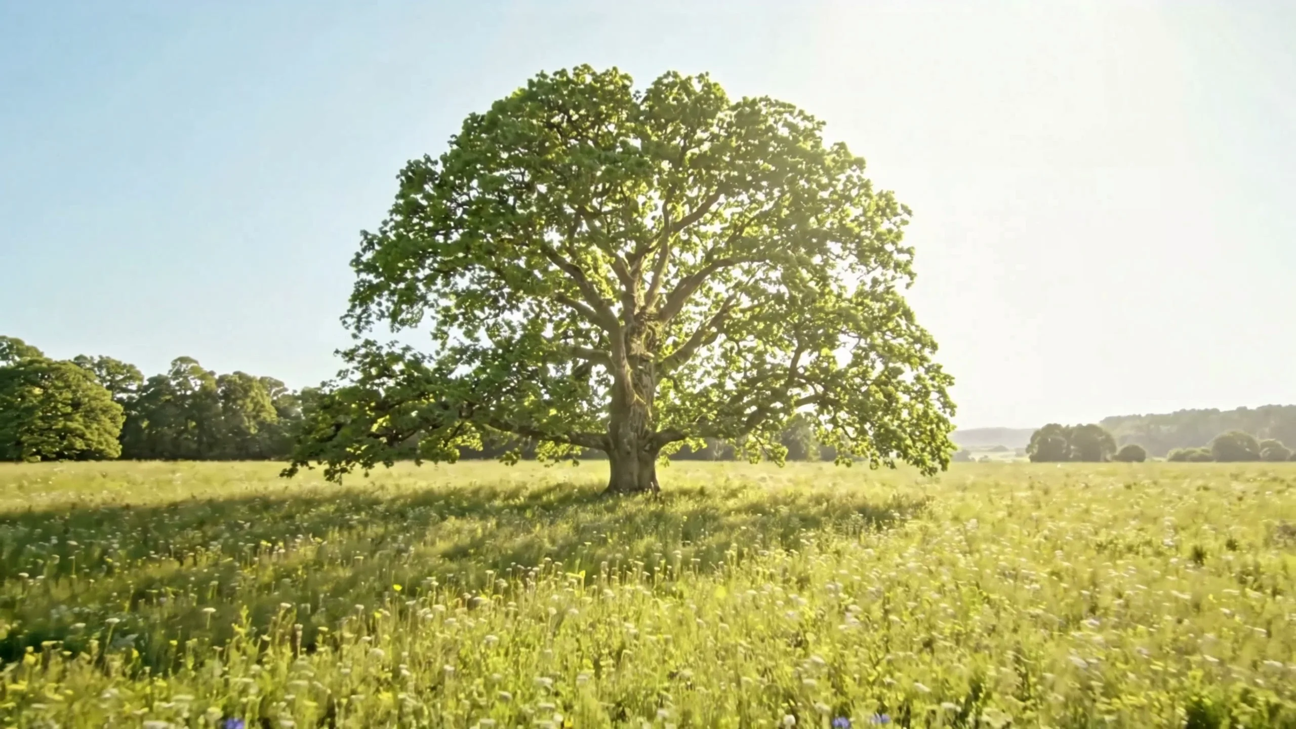 A giant oak in full view, standing alone in a sunlit wildflower meadow under a clear sky.